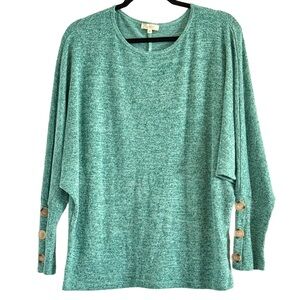 LA MIEL Green Button-Sleeve Pullover Sweater Top Medium